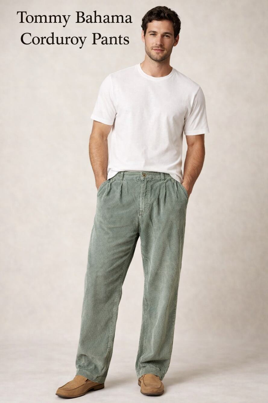 Tommy Bahama Relax Corduroy Pants Mens 33 Olive Green Pleated 33x28